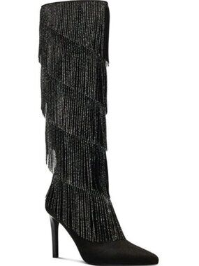 NWOB INC Size 7 Shyn Black Faux Suede Embellished‎ Fringe Western Cowgirl Boots